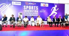 Chief Minnister Naveen Patnaik felicitating the Hackathon Team and Handing over Cash Award to Best Start-up in Sports at Kalinga Stadium