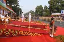 Honourable Governor Professor Ganeshi Lal taking salute of the parade in State Level Republic Day Celebration at Bhubaneswar. Chief Minister Shri Naveen Patnaik also present.